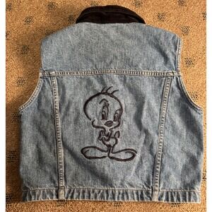 Vintage Warner Bros‎ Tweety Denim Vest Womens Medium Embroidered Black Collar